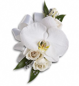 White Orchid and Rose Corsage in Hartley IA, Jackie's Floral Center