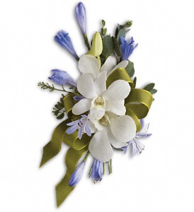 Blue and White Elegance Corsage in Hartley IA, Jackie's Floral Center
